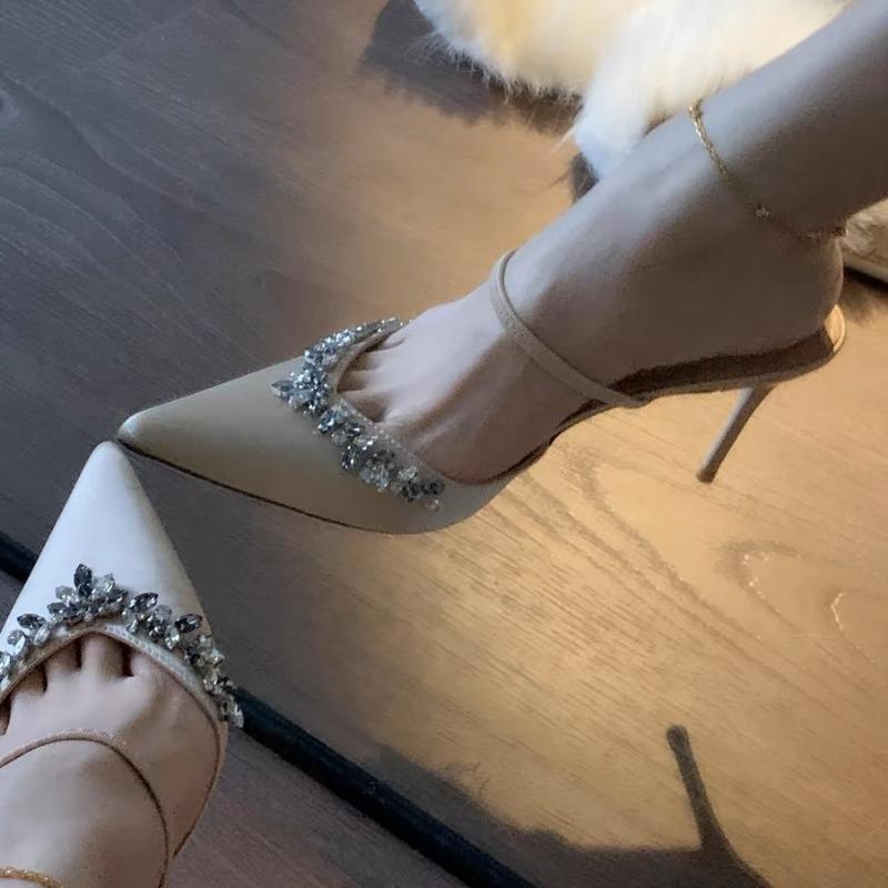 Summer New Pointed Rhinestone High Heel Thin Heel Purple Word Strap Sandals Half Drag Cool Slippers Outer Wear Women