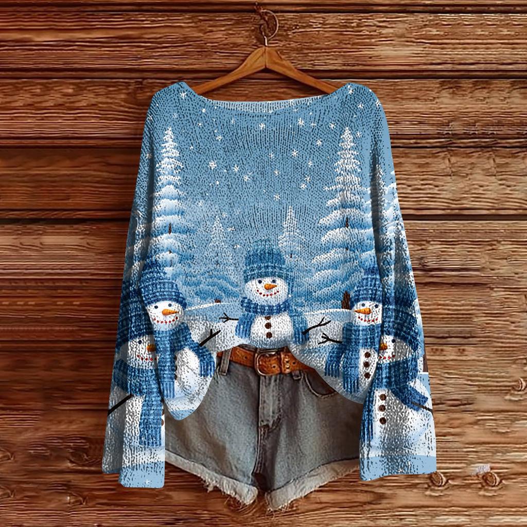 Women's Christmas Print Lightweight Sweater Casual Long Sleeve Knitted Pullover