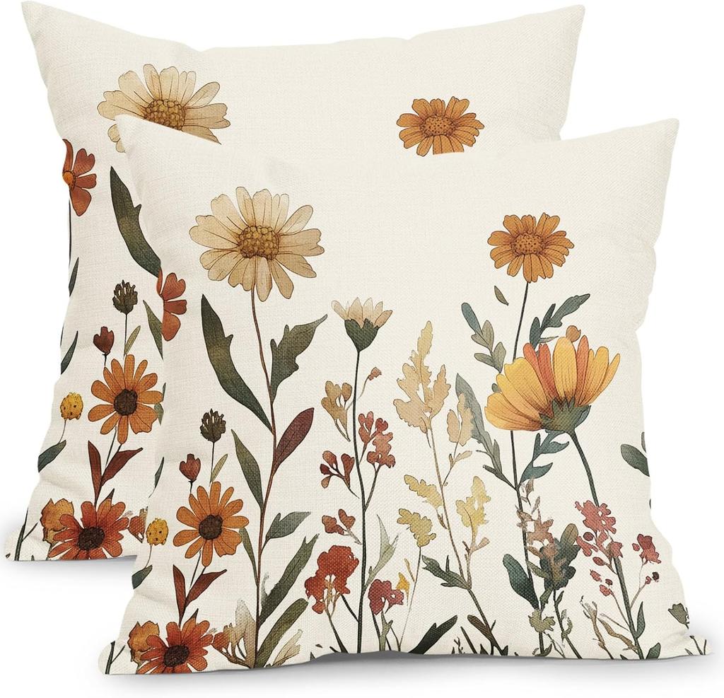 Fall Floral Pillow Covers 16x16Inch Set of 2 Vintage Autumn Wildflower Pattern Outdoor Throw Pillows Thanksgiving Harvest Rustic Pillowcases for Bed