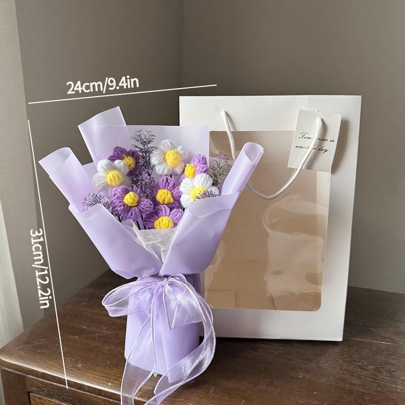 Mother'S Day Crochet Bouquet Finished Hand-Woven Artificial Flower Graduation Season Girl Friends Birthday Bouquet With Gift Bag