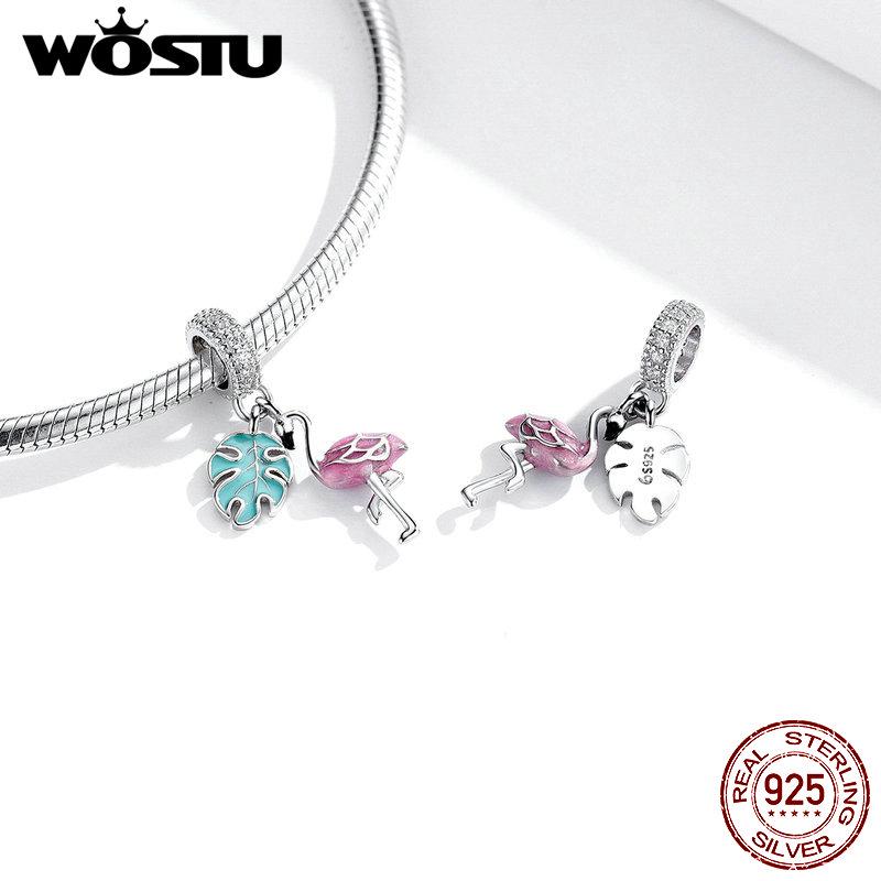 WOSTU Flamingo Pendant 925 Sterling Silver Tropical Flamingo Charms Color Enamel fit Beads Bracelets Jewelry Making CTC277