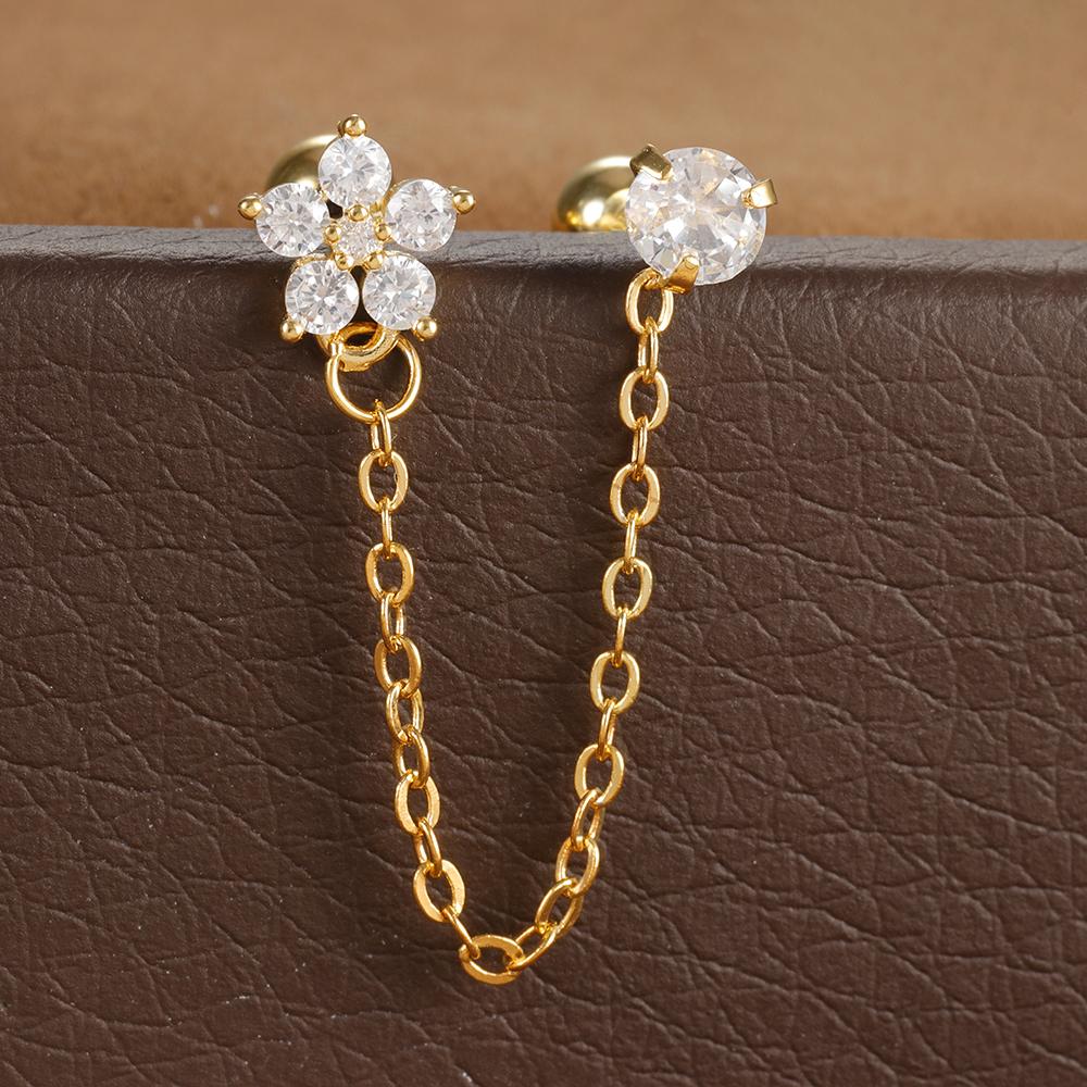 Stainless Steel Zircon Crown Stud Earrings For Women 18K Gold Plated Double Studs Chain Tassel Piercing Earring Fashion Jewelry
