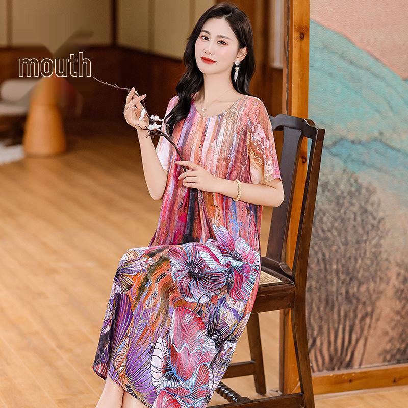 Летнее этническое миди-платье с цветочным принтом из хлопка и шелка – с коротким рукавом, свободного кроя, стройнящая накидка для мам