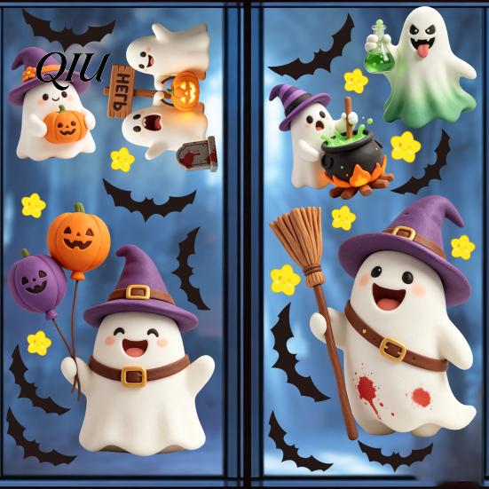 Removable Glass Stickers 2Pcs Cute Ghost Halloween Static Window Stickers, PVC Waterproof Cartoon Pumpkin Bat And Wall Decor Star Decals, Reusable