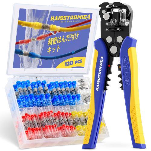 Haisstronica 120-Piece Solder Seal Wire Connector Kit, 10-24 AWG, with Self-Adjusting Wire Stripper Tool, Waterproof Heat Shrink Butt Terminals for Ca
