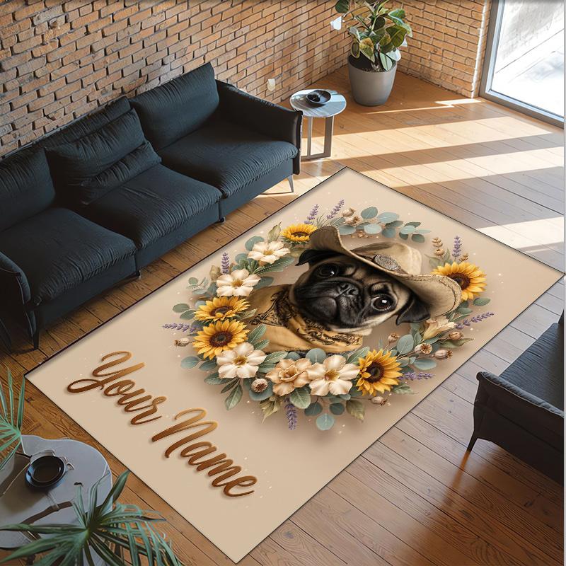Pug Theme Crystal Velvet Floor Rug Personalized Custom Name Text Warm Carpet Home Decoration
