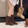 Fashion Comemore Suede Western Stacked Boots Women Fashion Chunky Heeled Mid-calf Boots Women Spring Autumn Shoes Solid Retro Botas