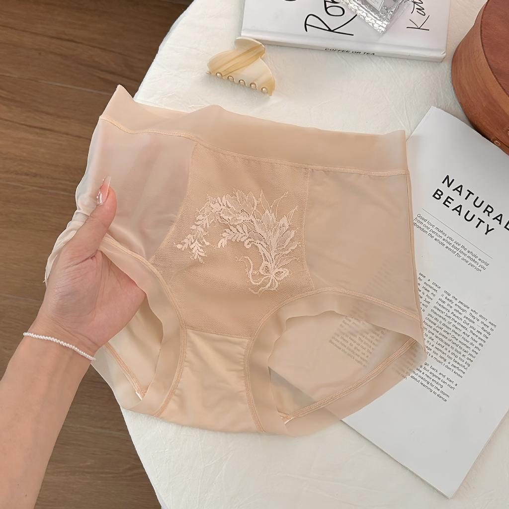 Antibacterial Ice Silk Seamless Women's Underwear High Waisted Jacquard Lace Breathable Plus Size Silk Antibacterial Crotch Triangle Pants