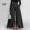 Simple Design Women Trousers Pants High Waist Buttons Zipper Closure Denim with Everyday Pockets Irregular Large Hem Wide Leg Solid Color Casual Loose