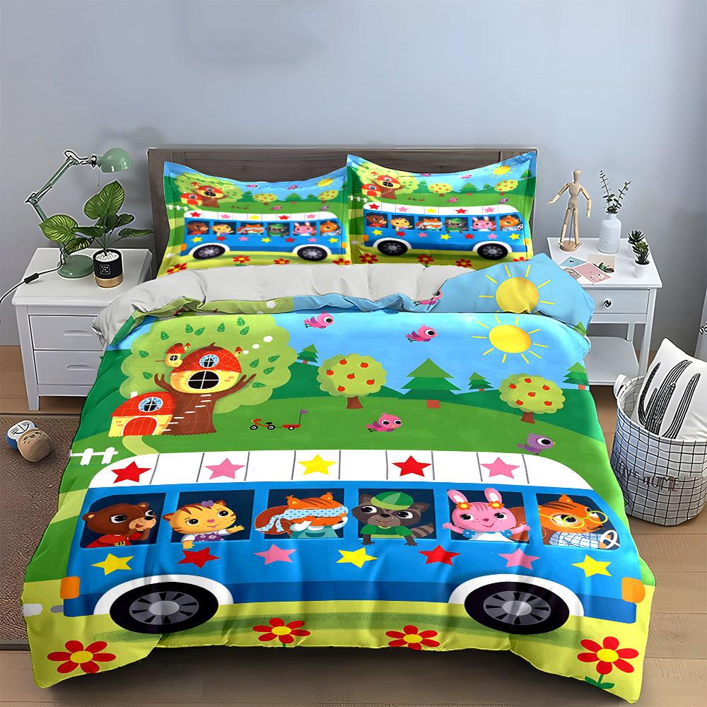 Cute Animal Bus Ride Pattern Bedding Duvet Cover Set  (1*Duvet Cover 2*Pillowcases, without duvet insert)