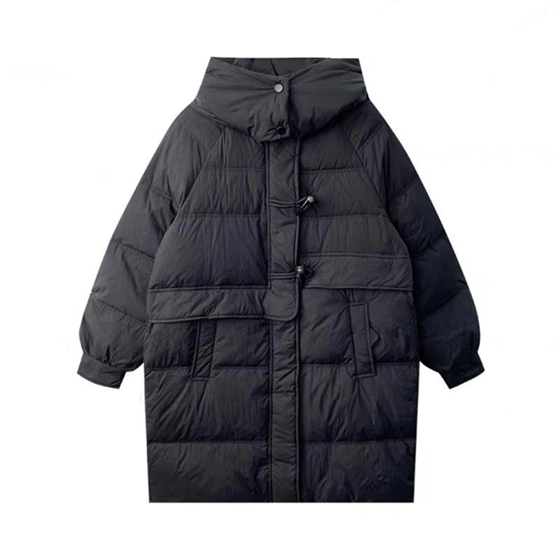 Женская легкая куртка-пуховик средней длины, осень-зима, с капюшоном, свободный прямой белый пуховик, воротник-стойка, карман с пряжкой на бычьем роге, однотонный цвет