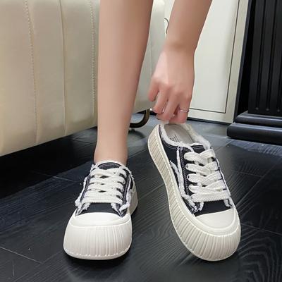 Модные кроссовки женские Новое поступление Женская повседневная обувь Шнуровка Толстая подошва Тапочки Женские однотонные парусиновые туфли