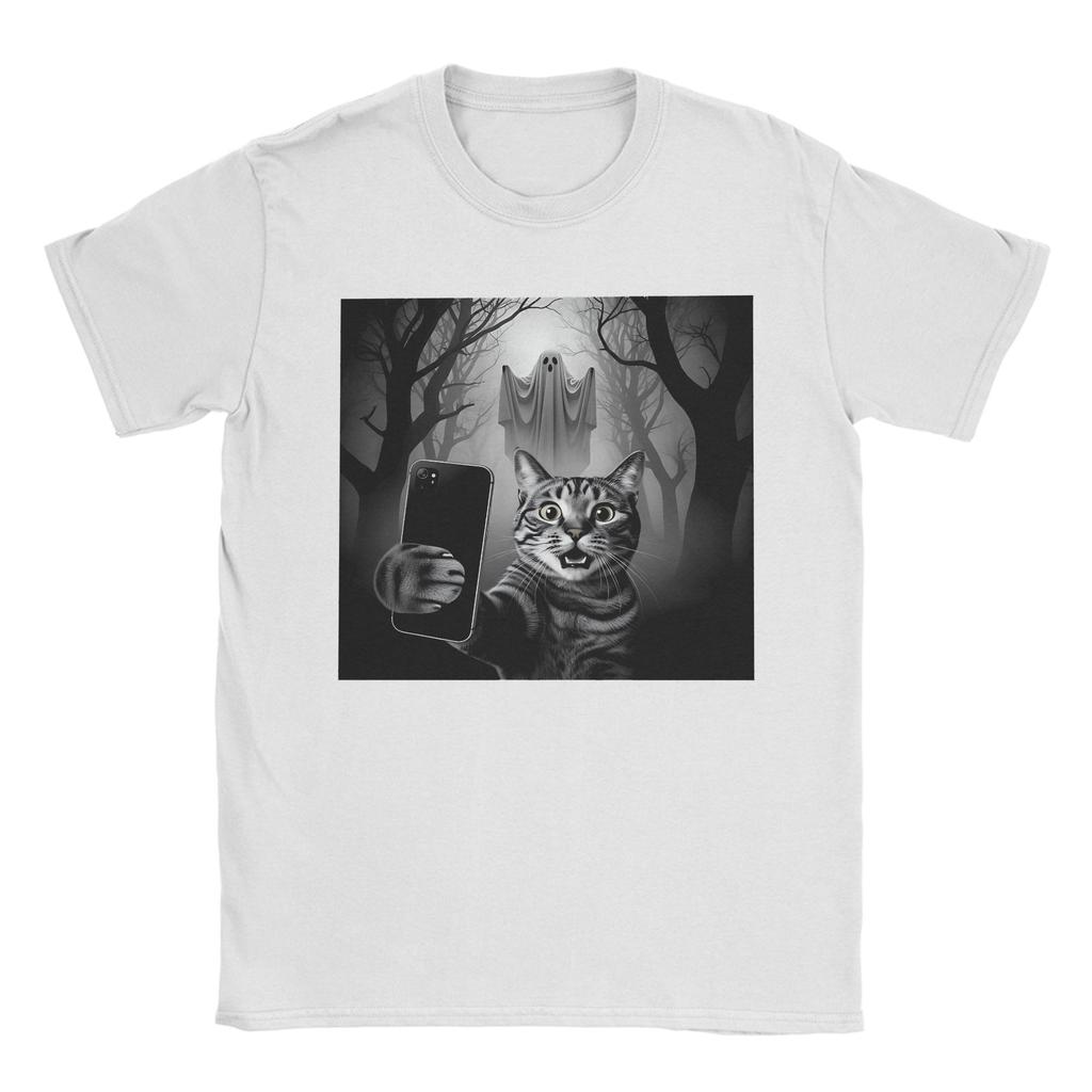 Halloween Cat Selfie with Spooky Ghost Cat Men's T Shirts Novelty Tees Short Sleeve Round Neck T-Shirts Pure Cotton 6XL Tops