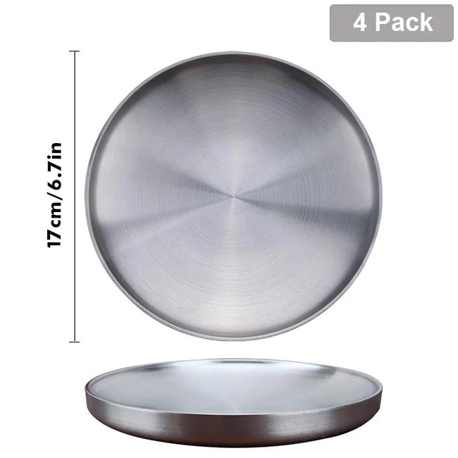 4Pcs/Set 304 Stainless Steel Round Plates, Double-Walled Insulated Dinner Plate, Plates for Snack, Dishes and Fruit