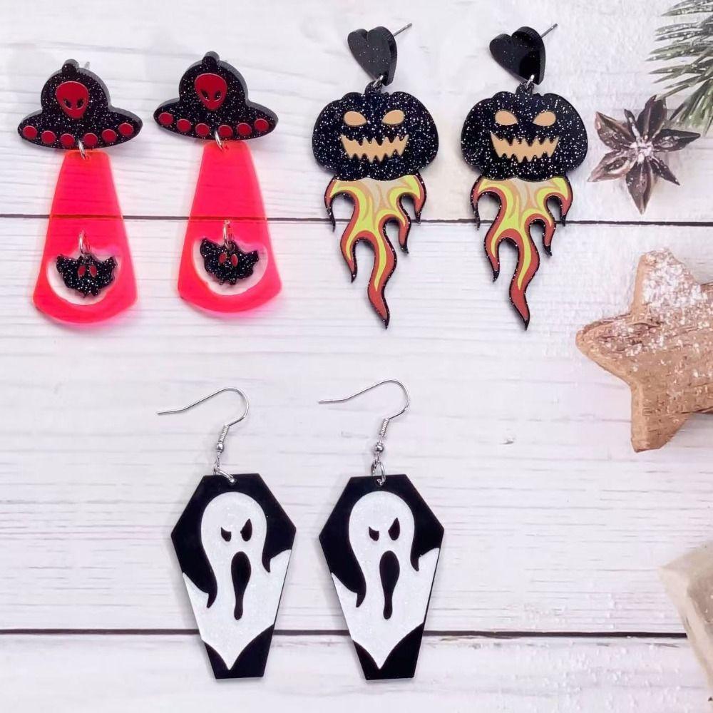 1 Pair Alien Halloween Earrings Acrylic Pumpkin Dangle Earrings Fashion Cute Ghost Ear Studs Party