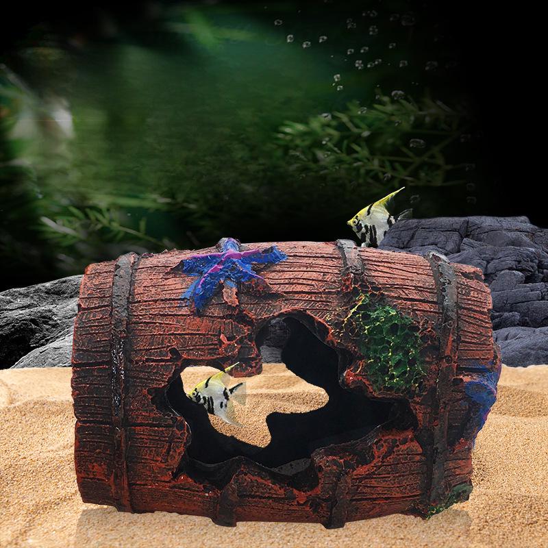 Fish Tank Decoration: Small Wine Barrel Cave with Starfish for Aquarium.