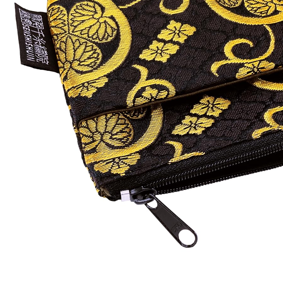 Senshishuin Nishijin Brocade Pouch with Black Hollyhock Crest (Lined) (Small)