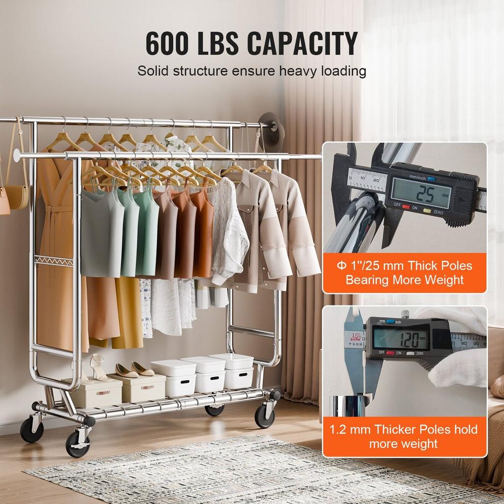 Heavy Duty Clothes Rack, Double Hanging Rod Clothing Garment Rack for Hanging Clothes, Adjustable Height and Extendable Length Clothing Rack with