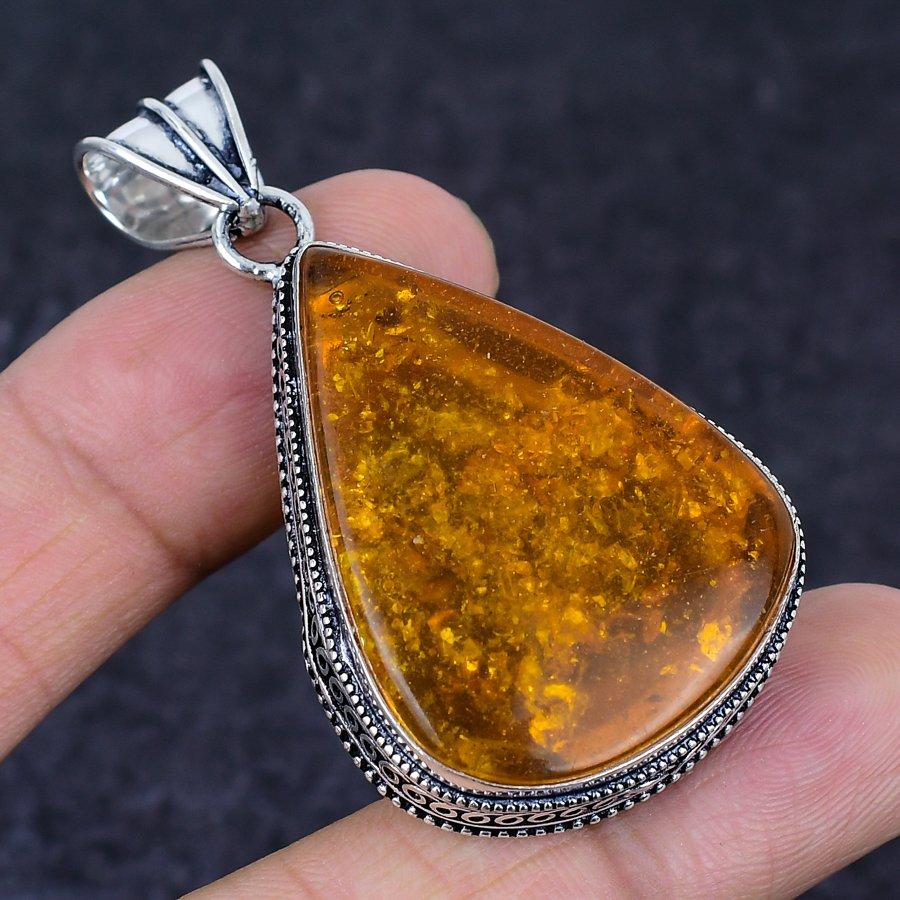 Baltic Amber Gemstone Handmade 925 Sterling Silver Jewelry Pendant 2.25" w1W38