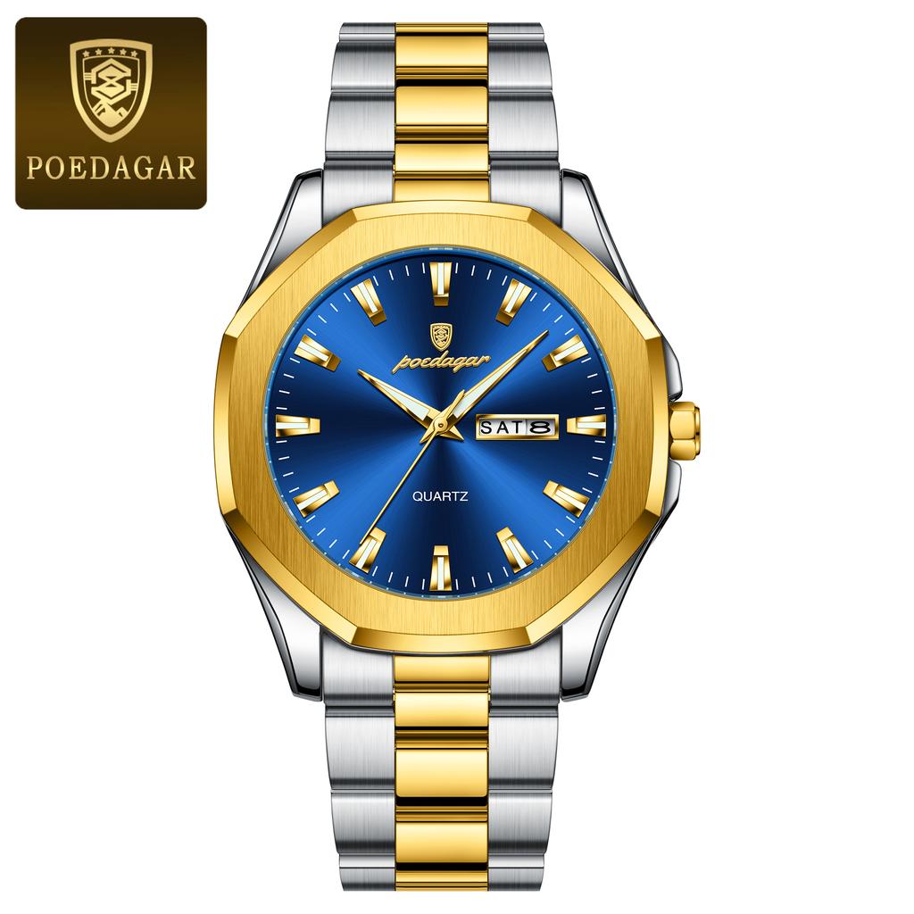 POEDAGAR Luxury Men Wristwatch Waterproof Luminous Week Date Original Man Watch Stainless Steel Sport Quartz Men's Watches