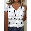 Summer Women's T-shirt Cat Pattern Printing V-neck Short-sleeved Loose Oversized Clothes