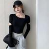 Осень-весна, женский вязаный укороченный топ, узкая блузка, футболка с асимметричным воротником, стильные трикотажные повседневные топы с длинными рукавами и вырезом для девочек, футболка