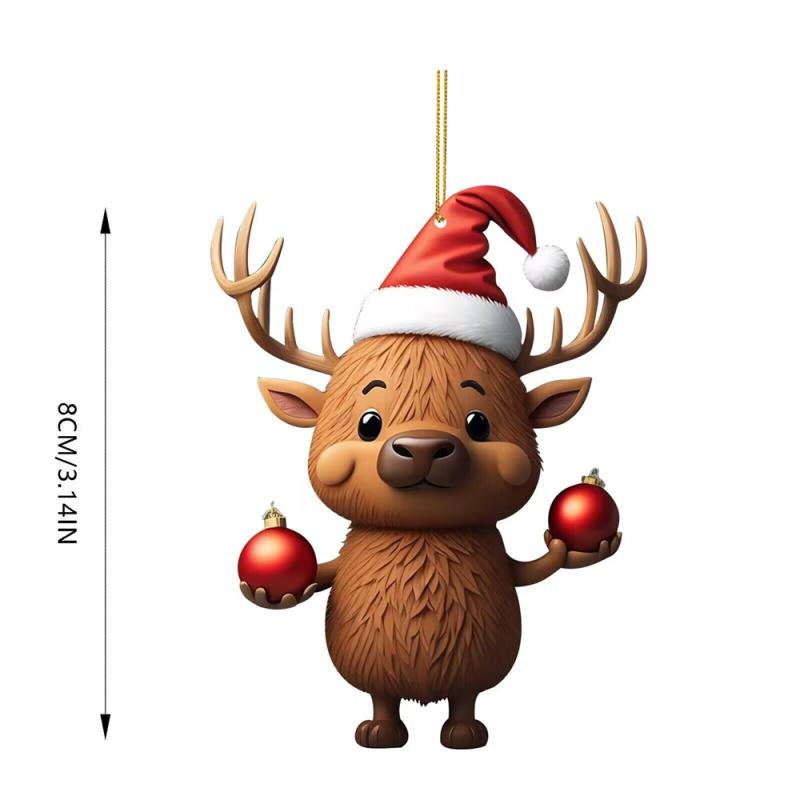 2025 Cartoon Deer Christmas Tree Pendant Christmas Party Atmosphere Cartoon Cute Santa Hat Deer Double Print Easter Decoration