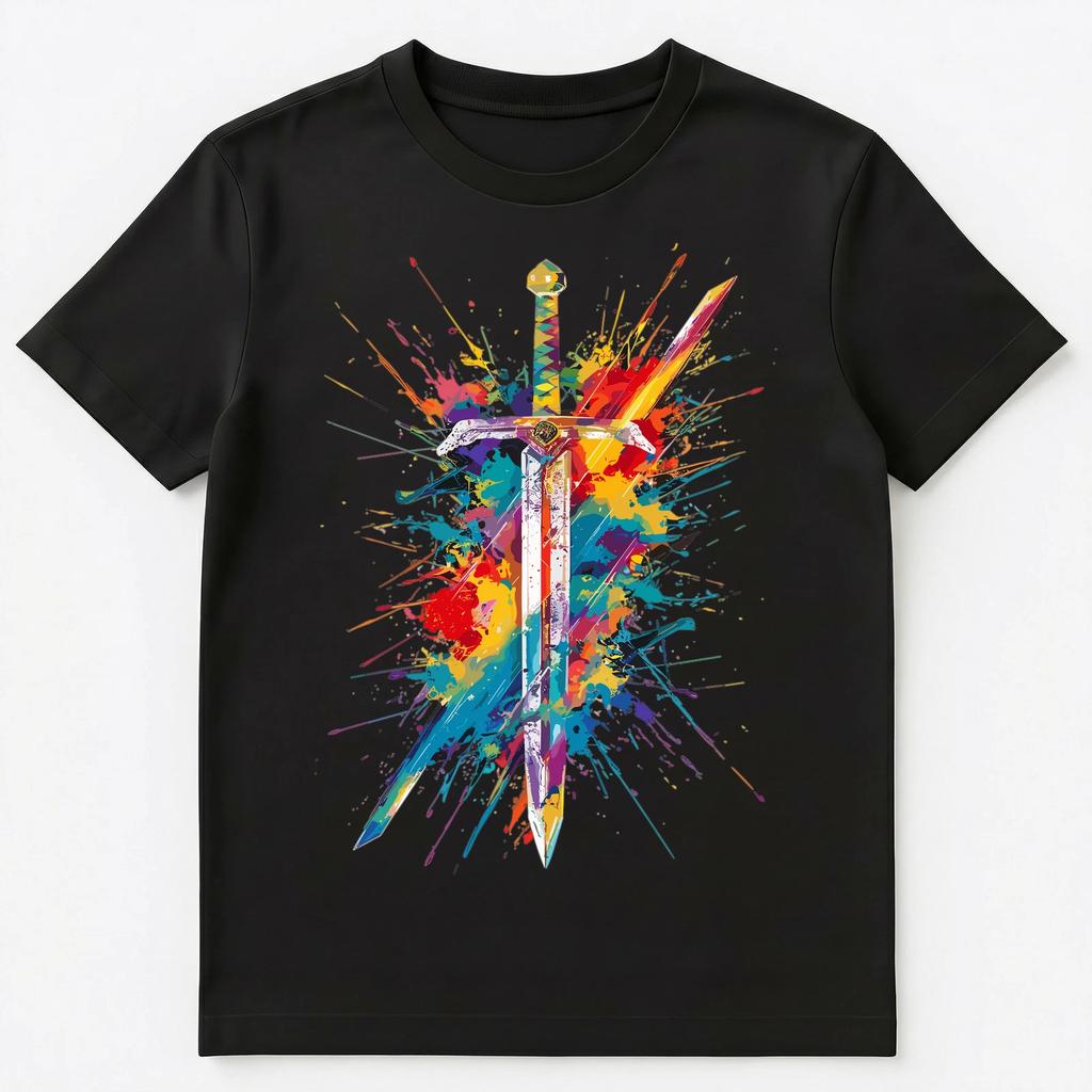 Colorful Paint Splash Medieval Sword Art Graphic Unisex T-Shirt