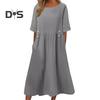Summer Dress with Pockets Round Neck Loose Waist Short Sleeves Calf Length Solid Color Midi Dress for Work School Dating