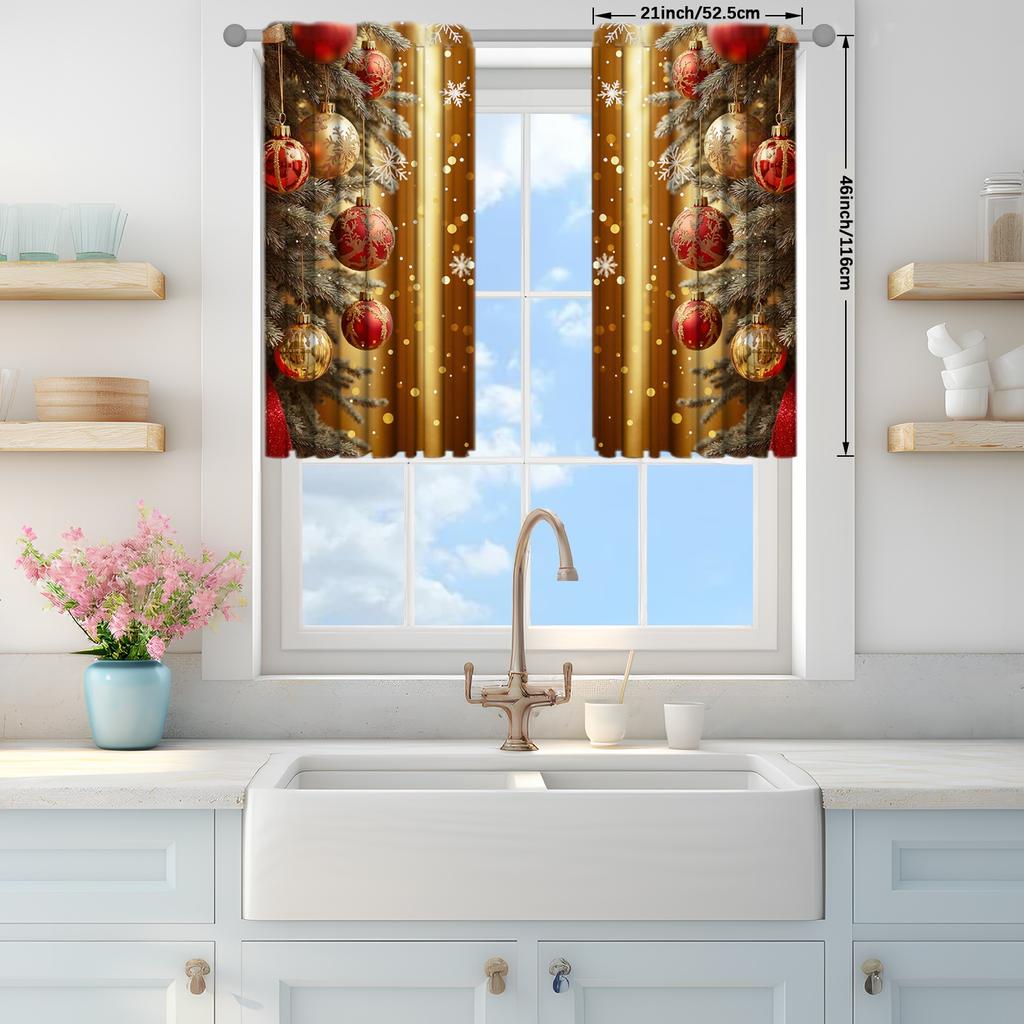 2pcs Christmas Ball Printed Curtain for Christmas Home Decor - Rod Pocket Window Treatment for Bedroom,Office,Kitchen
