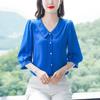Модная шифоновая рубашка с рукавами 3/4, женская летняя новая топ для мам, однотонная блузка с кукольным воротником, M-4XL