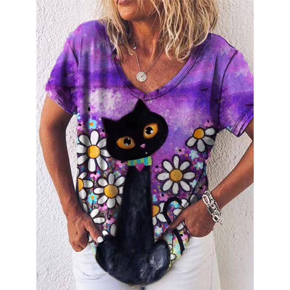 S-8XL Плюс Размер Модная женская футболка Женская футболка с принтом животных и кошек с V-образным вырезом Женская одежда Большие летние повседневные топы Футболки