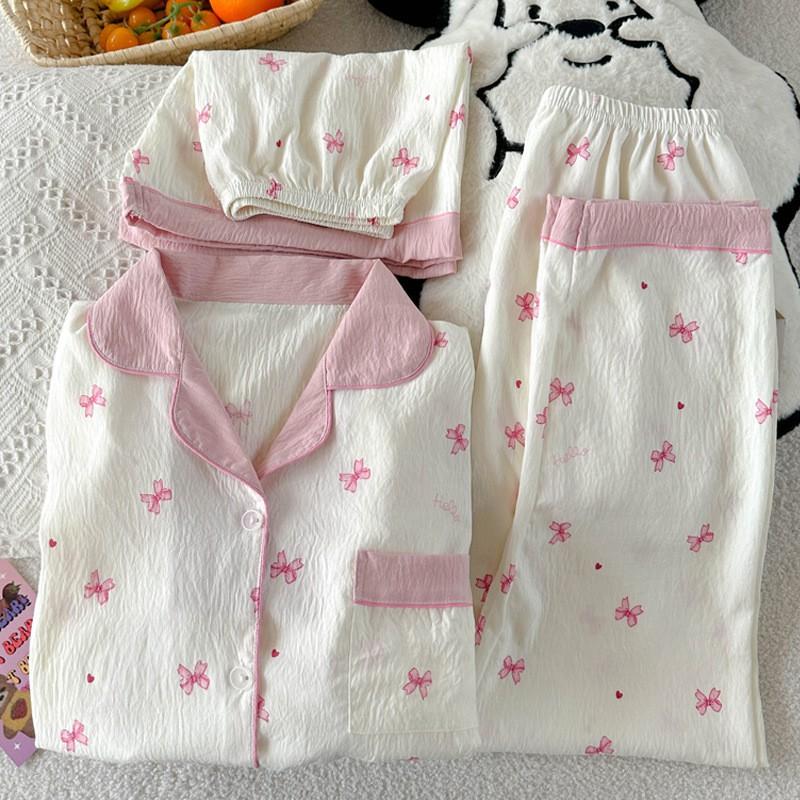 Womens Cloud Cotton Pajama Set Short Sleeve Bow Loose Loungewear 3pcs