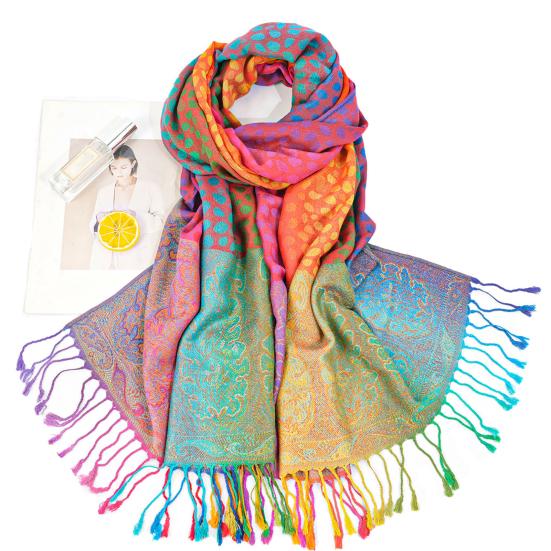 Imitation Wool Shawl Rainbow Color Art Printing Wrap Scarf with Tassels Women Poncho Shawl Blanket Scarf
