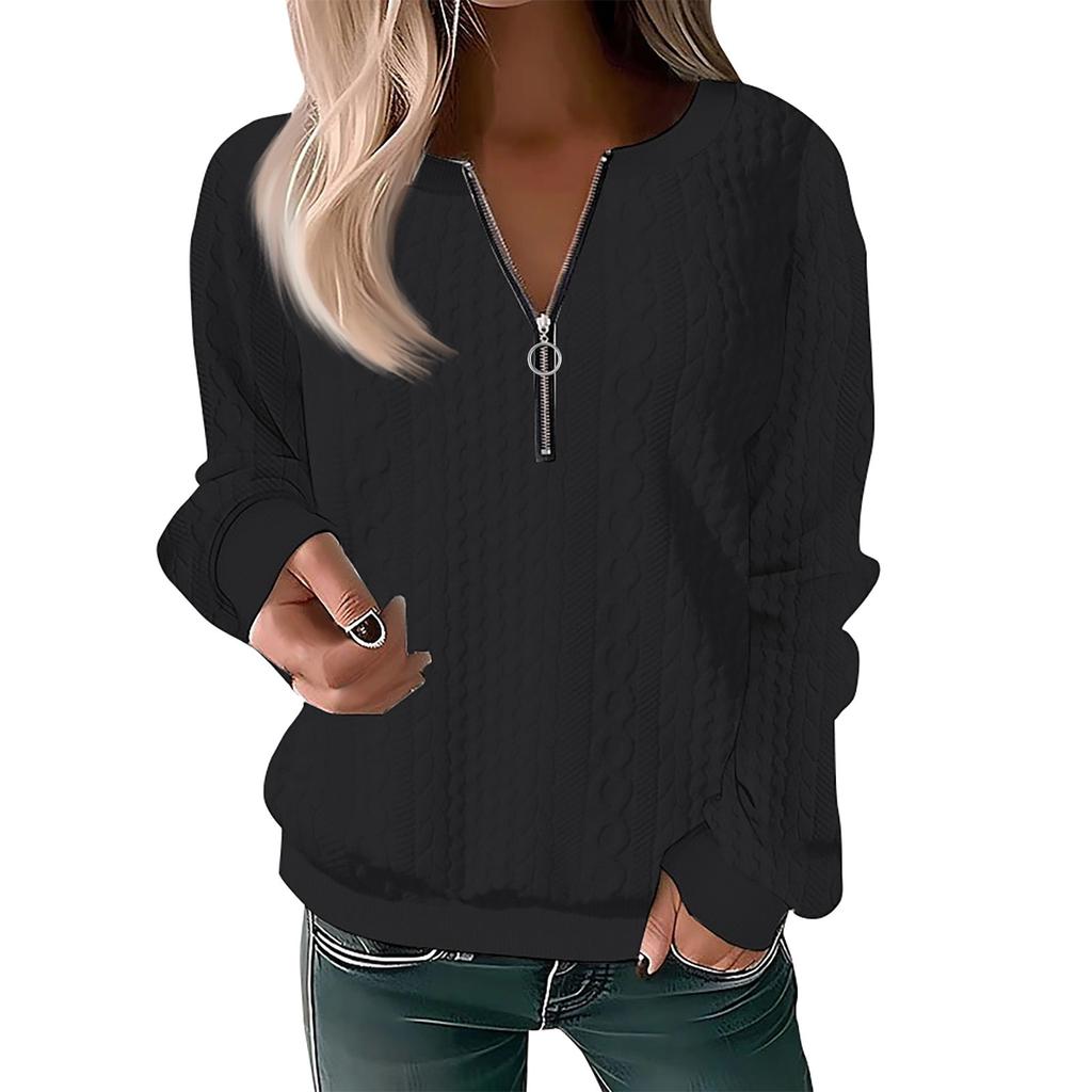 Women's Fashion Casual Zipper V-Neck Loose Long Sleeve Solid Color Sweatshirt