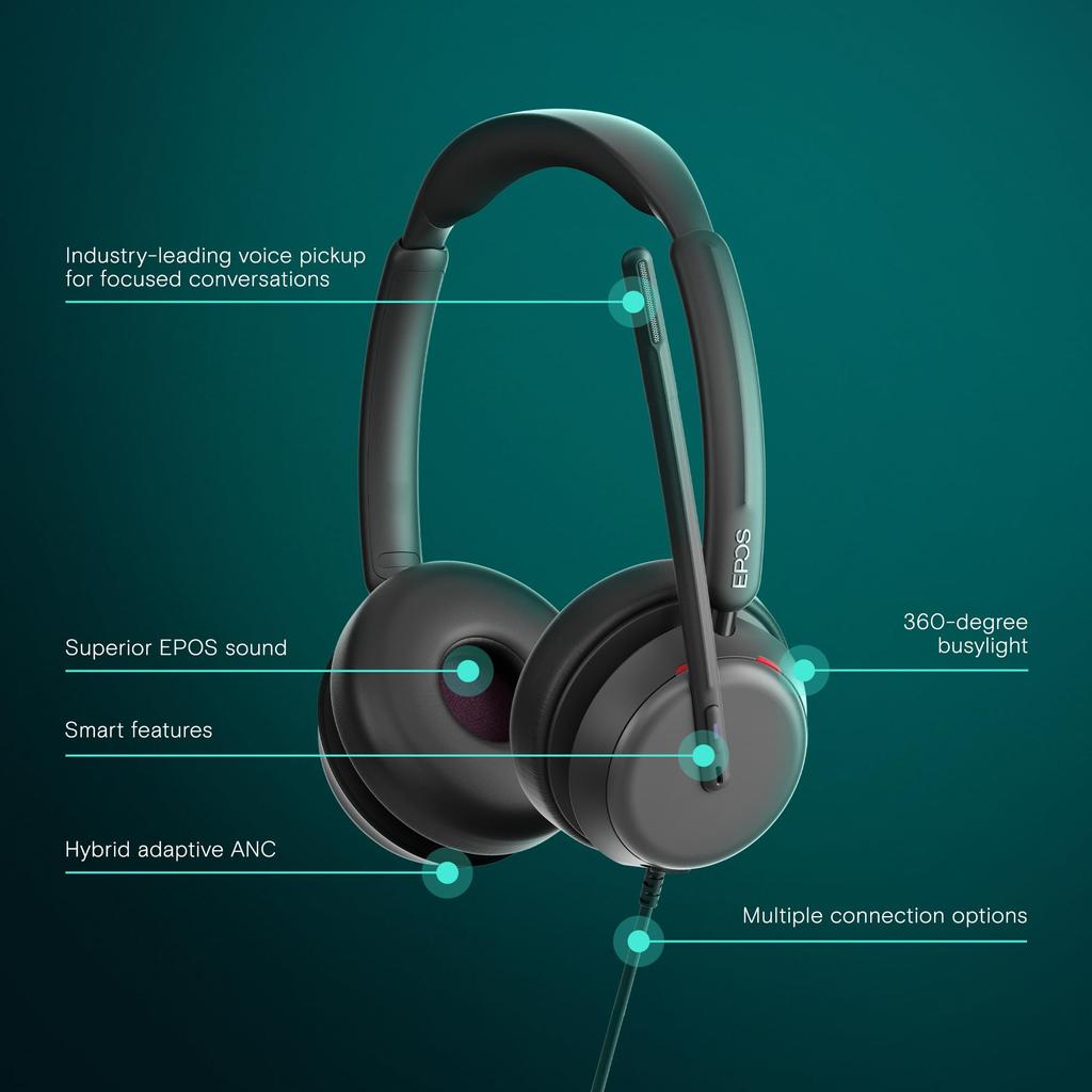 EPOS Impact 860T ANC Гарнитура с улучшенным шумоподавлением для офисов открытого типа Сверхширокополосное аудиосоединение Сертифицировано для Microsoft Teams - USB-C