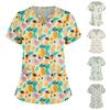 Plus Size Cute Printed Scrub Working Uniform Tops For Women Cross V-Neck Short Sleeve Fun T-Shirts Workwear Tee With Pockets