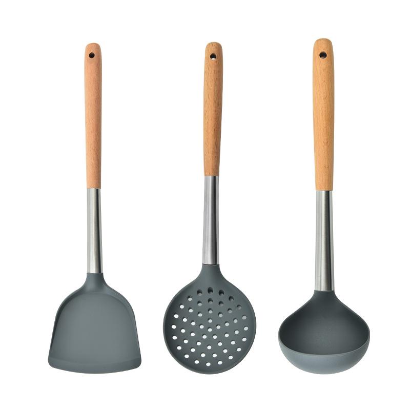 Silicone Kitchen Utensil Set: 3-Piece Wooden Handle - Spatula, Frying Spatula, Ladle, and Skimmer