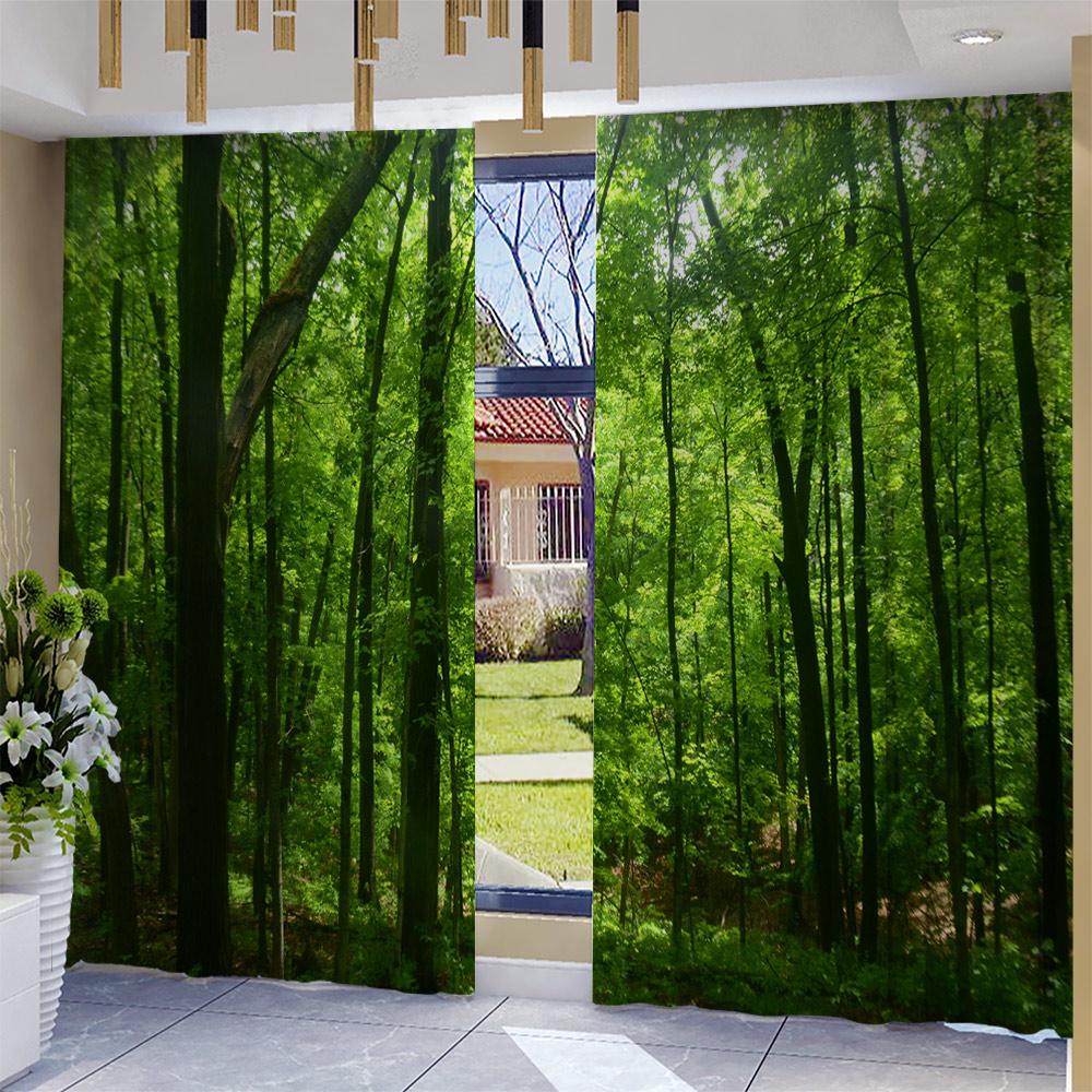 2 шт. Домашние шторы «Зеленый лес» с пейзажным фоном и шторы с карманом для штанги, Кухня, Кофейня, Гостиная