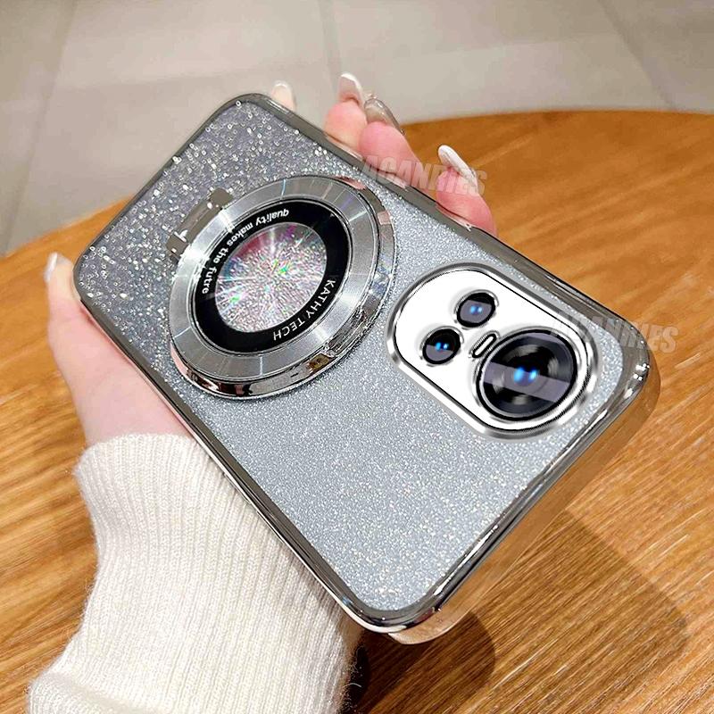 Reno10pro Luxury Glitter Plating Holder Silicone Case For Oppo Reno 10 11 12 Reno10 Pro 10pro Shockproof Protect Stand Cover