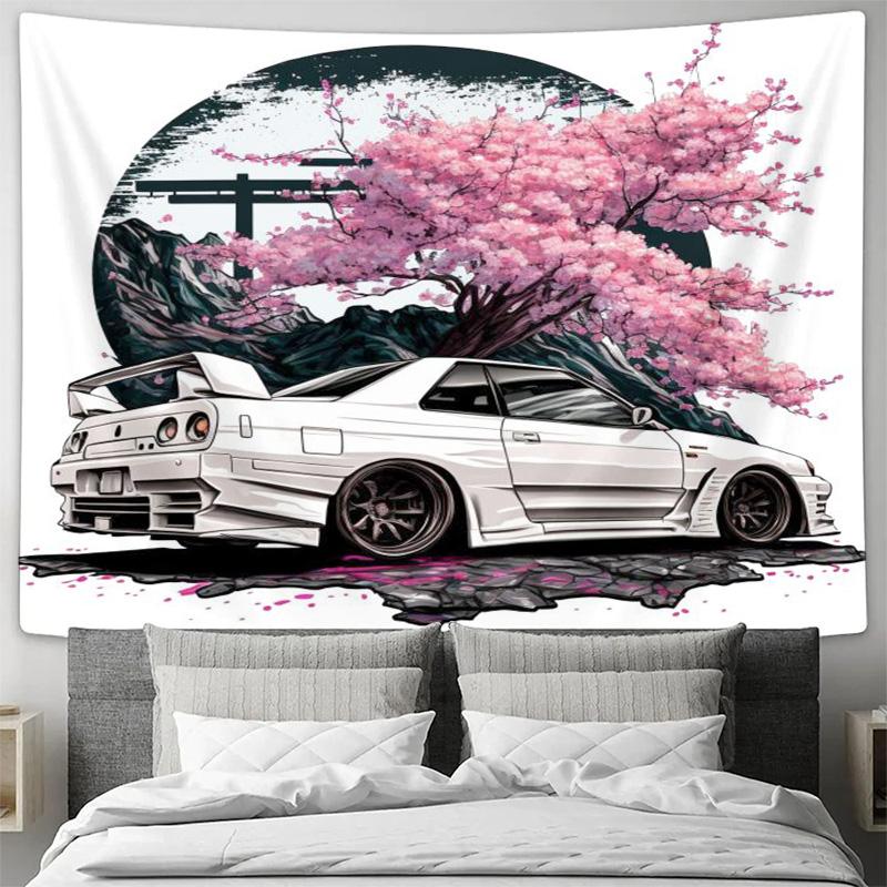 Cherry Blossom Tree with White Sports Car A Dreamy Atmosphere Wall Tapestry for Your Home