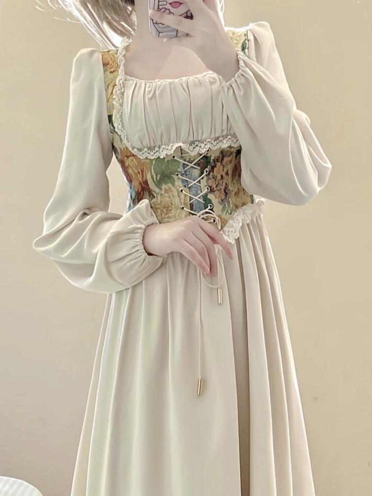 French Retro Palace Style Fake Two Piece Dress Women Vintage Long Sleeved Party Long Dresses Female Casual High Waist Fashion Slim Clothing