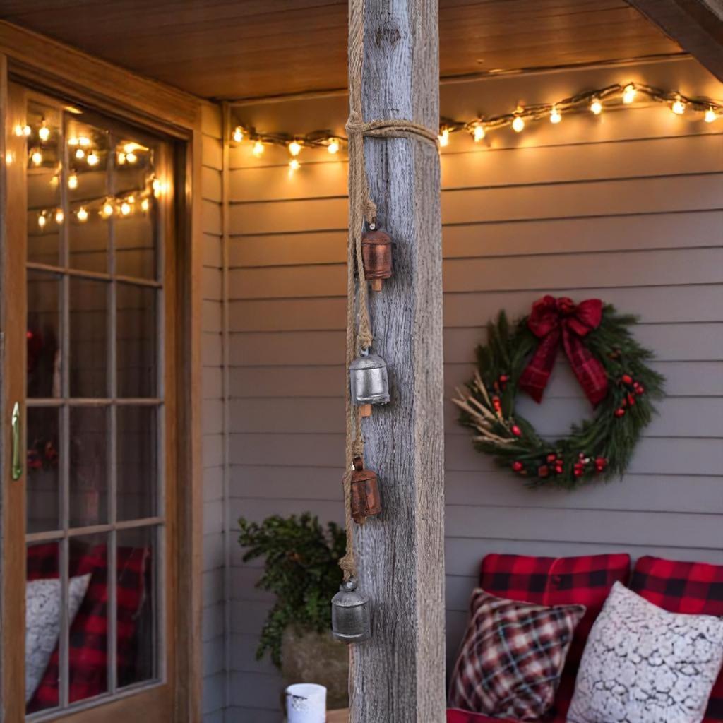 Подвесные рождественские колокольчики 36" – Деревенская гирлянда из коровьих колокольчиков на джутовой веревке для елки, двери, венка и декора в стиле фермерского дома, колокольчики ветра (Серебро-Медь)