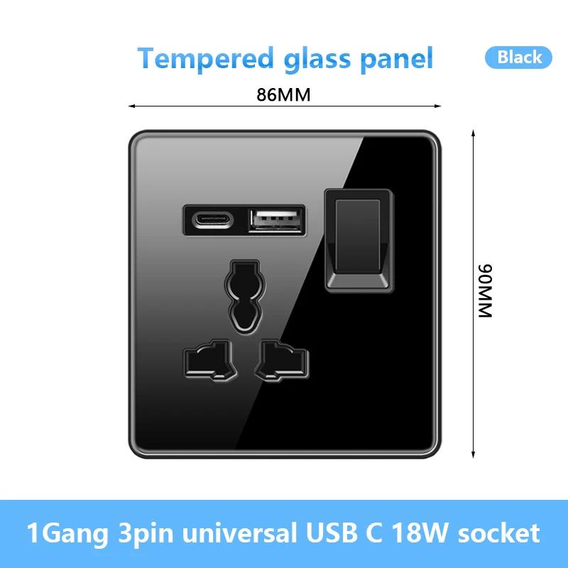 Универсальная настенная розетка Type-C мощностью 18 Вт с портами USB, быстрая зарядка, панель из закаленного стекла, розетка питания, стандарт Великобритании, двойная зарядная розетка USB