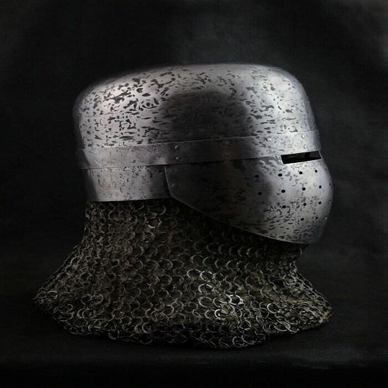 Hammered 18 Gauge Steel Medieval Blackened Great Knight Crusader Helmet W Chain