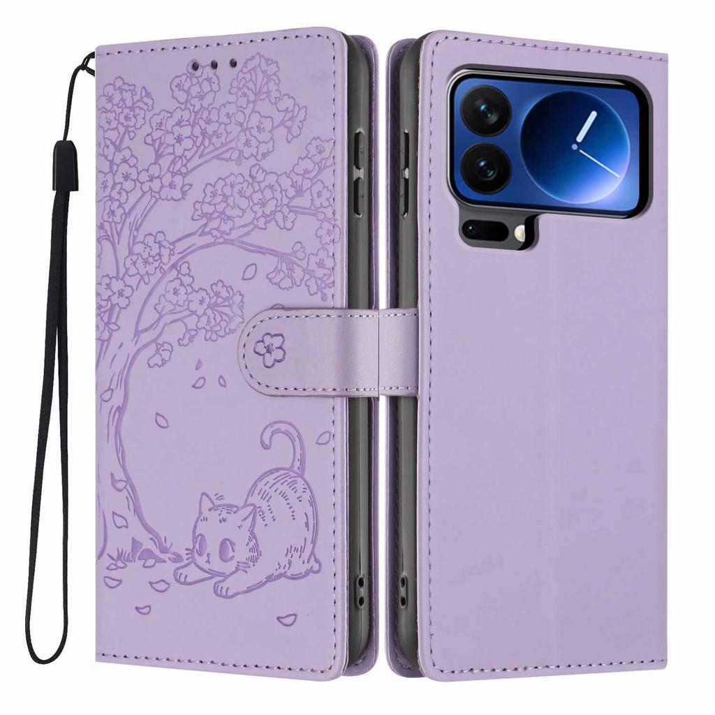 For Xiaomi 17 Pro Max Stand Case Tree-and-Cat Pattern PU Leather Wallet Protective Phone Cover with Wrist Strap