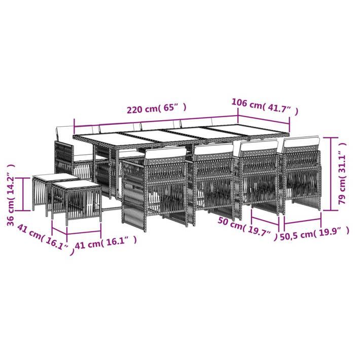 VidaXL Ensemble à Manger de Jardin avec Coussins 13 pcs, Table et Chaises à Dossier Rabattable, Meubles d'Extérieur Patio 3210984