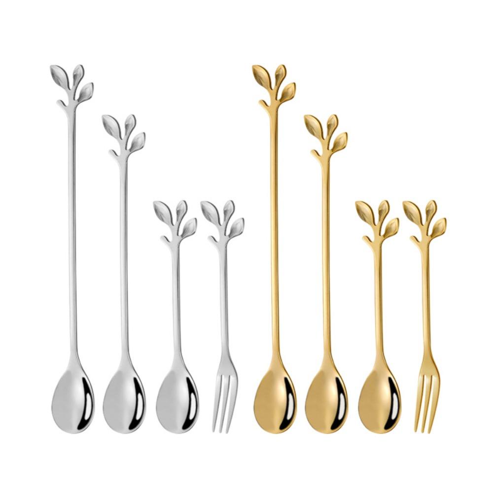 Golden Silver Water Cup Stirring Spoons Leaf Shape Dessert Spoon Fork Fruit Scraping Spoon Fork