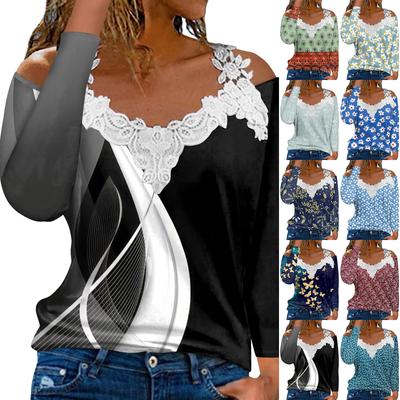 Модный кружевной пуловер с V-образным вырезом, длинный рукав, полосатый принт, однотонная повседневная футболка