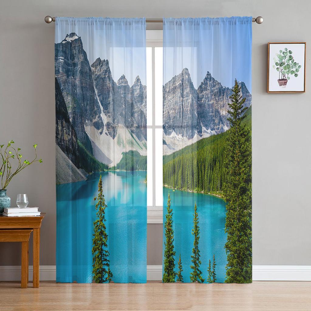 Lake Scenery Window Treatment Tulle Modern Sheer Curtains for Kitchen Living Room the Bedroom Curtains Decoration